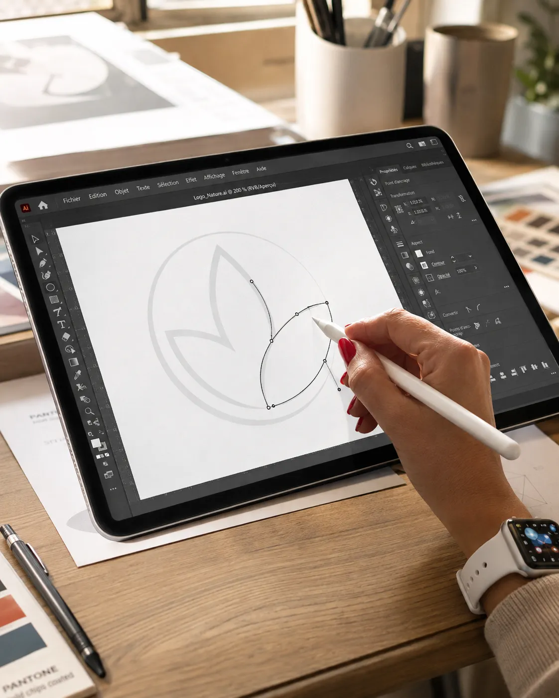 Main tenant un stylet Apple Pencil sur une tablette graphique, en train de retracer au propre les contours vectoriels d'un logo à partir d'une ébauche, sur un bureau en bois avec nuancier Pantone et pinceaux